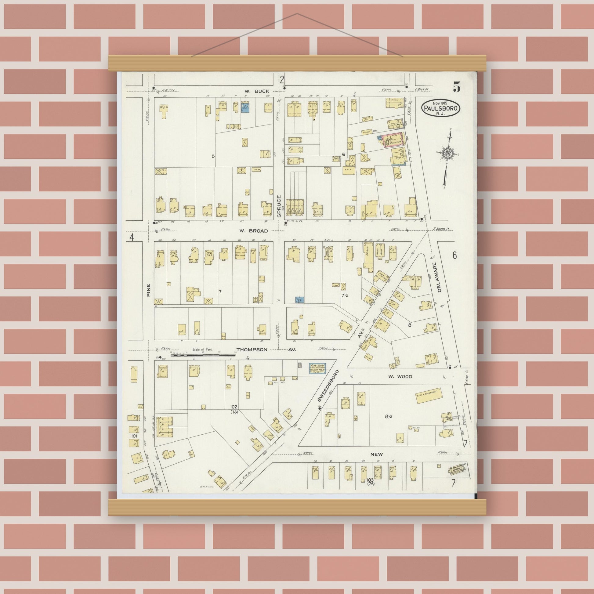 Old map wall art mockup — magnetic wood frame on brick wall — Sanborn Fire Insurance Map from Paulsboro, Gloucester County, New Jersey (1915), Sheet #0005