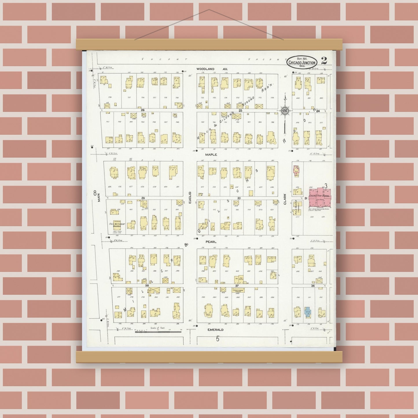 Old map wall art mockup — magnetic wood frame on brick wall — Sanborn Fire Insurance Map from Chicago Junction, Huron County, Ohio (1911), Sheet #0002