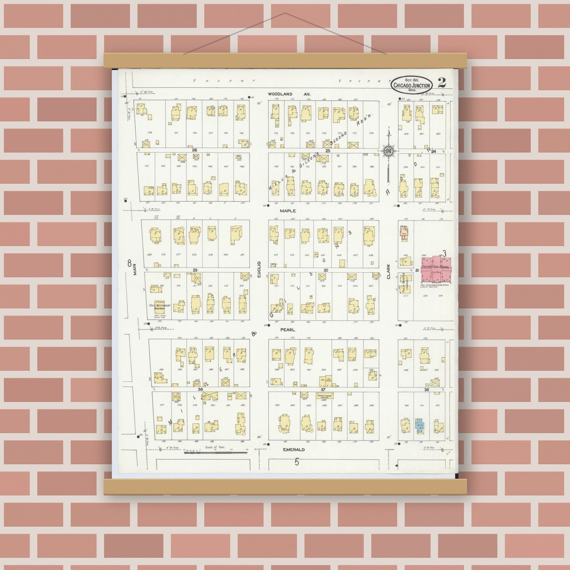 Old map wall art mockup — magnetic wood frame on brick wall — Sanborn Fire Insurance Map from Chicago Junction, Huron County, Ohio (1911), Sheet #0002
