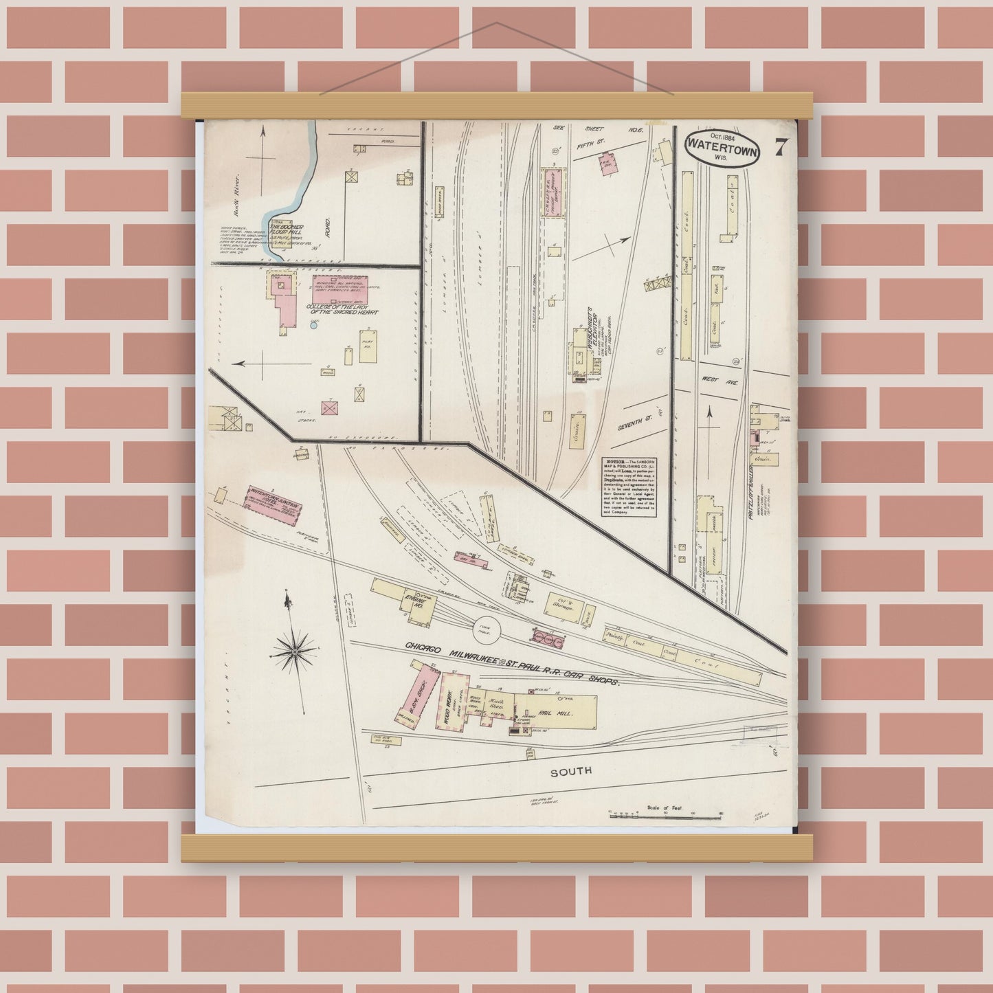 Old map wall art mockup — magnetic wood frame on brick wall — Sanborn Fire Insurance Map from Watertown, Jefferson County, Wisconsin (1884), Sheet #0007