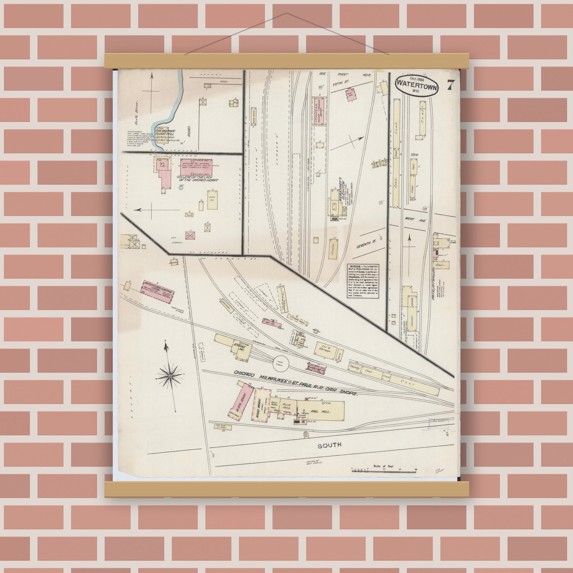 Old map wall art mockup — magnetic wood frame on brick wall — Sanborn Fire Insurance Map from Watertown, Jefferson County, Wisconsin (1884), Sheet #0007