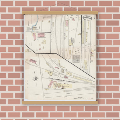 Old map wall art mockup — magnetic wood frame on brick wall — Sanborn Fire Insurance Map from Watertown, Jefferson County, Wisconsin (1884), Sheet #0007