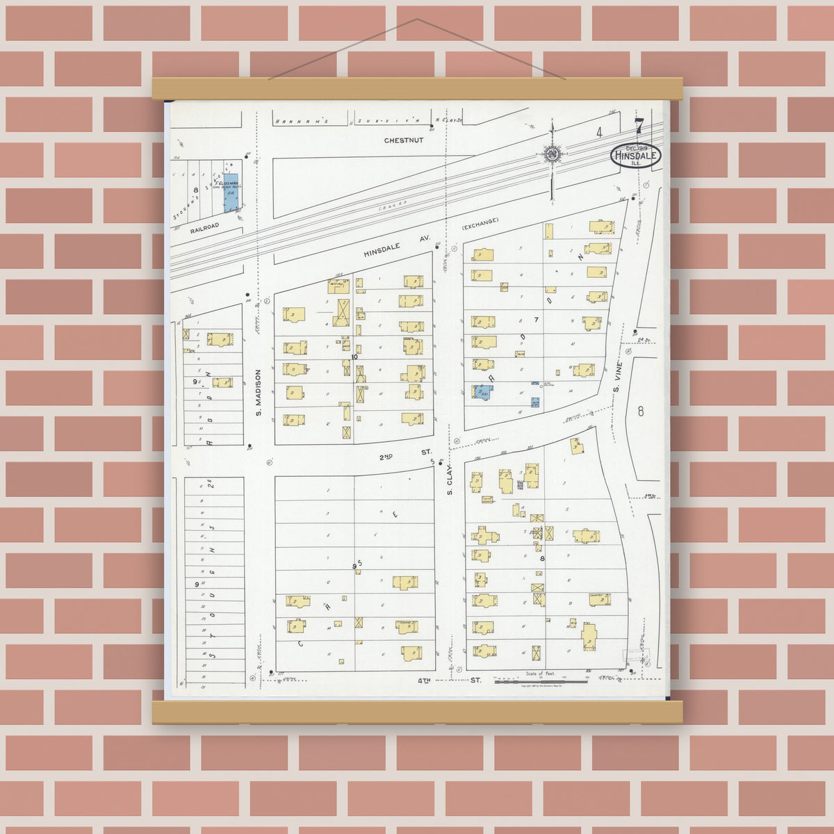 Old map wall art mockup — magnetic wood frame on brick wall — Sanborn Fire Insurance Map from Hinsdale, Du Page And Cook Counties, Illinois (1919), Sheet #0007