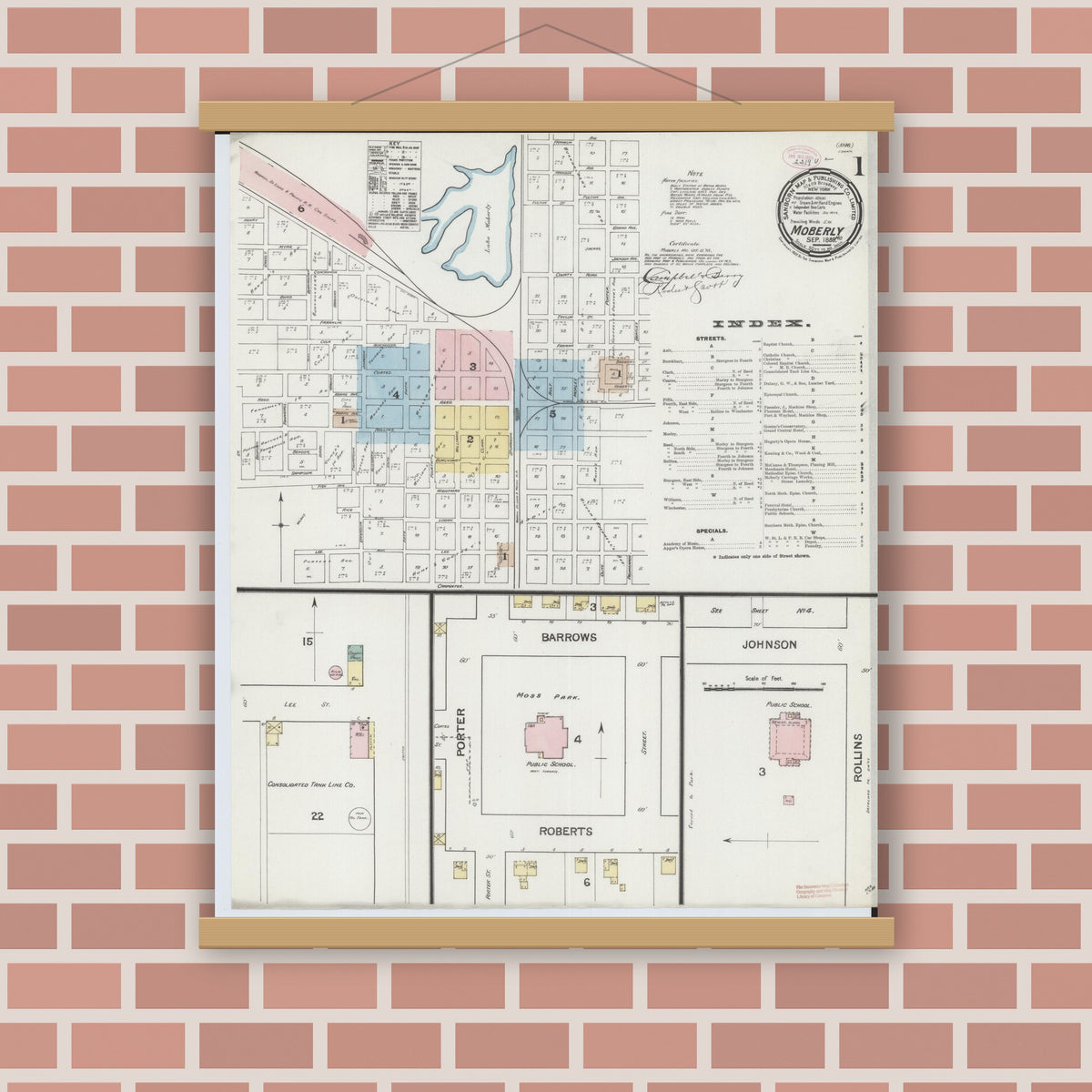 Old map wall art mockup — magnetic wood frame on brick wall — Sanborn Fire Insurance Map from Moberly, Randolph County, Missouri (1888) - Complete Map Set