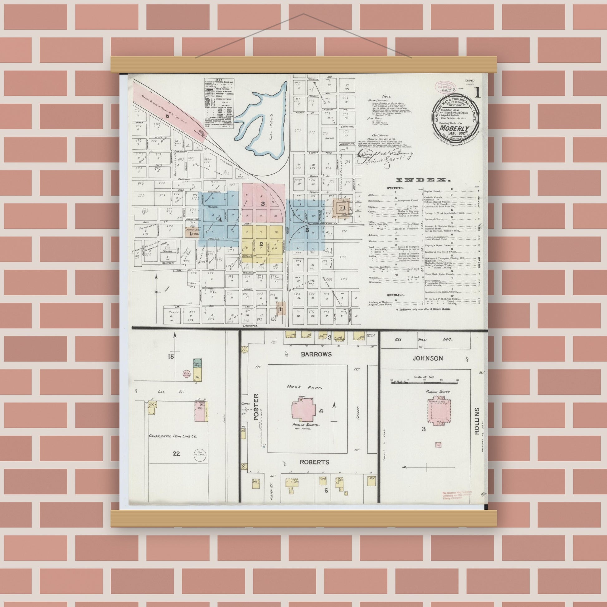 Old map wall art mockup — magnetic wood frame on brick wall — Sanborn Fire Insurance Map from Moberly, Randolph County, Missouri (1888) - Complete Map Set