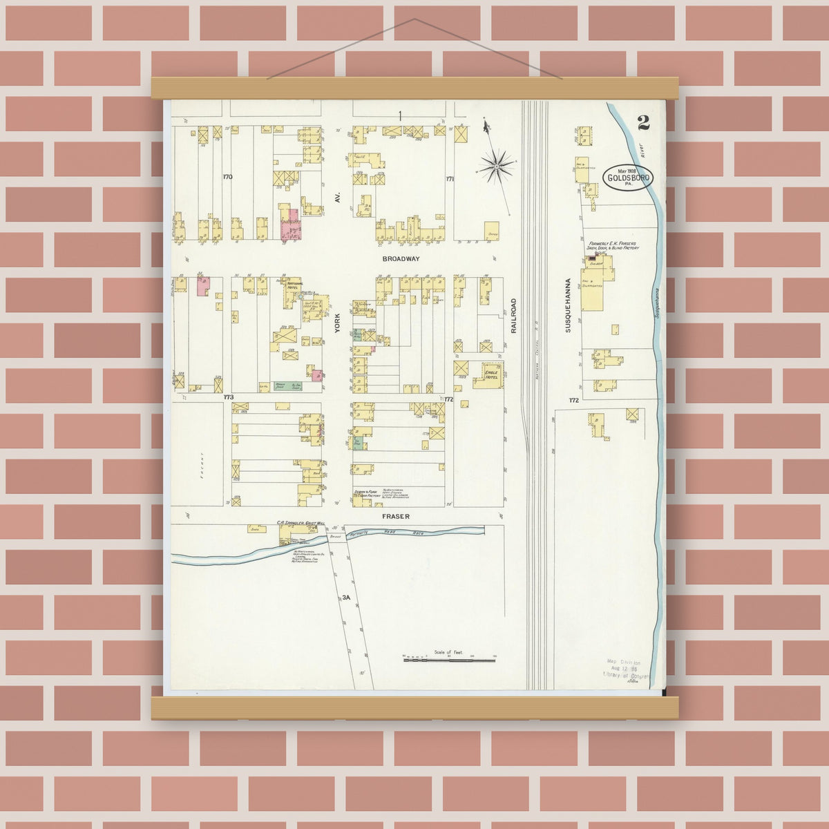 Old map wall art mockup — magnetic wood frame on brick wall — Sanborn Fire Insurance Map from Goldsboro, York County, Pennsylvania (1908), Sheet #0002
