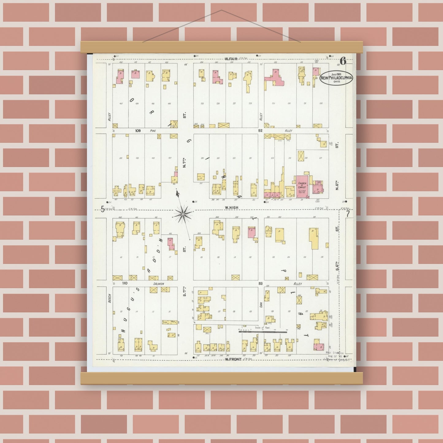 Old map wall art mockup — magnetic wood frame on brick wall — Sanborn Fire Insurance Map from New Philadelphia, Tuscarawas County, Ohio (1901), Sheet #0006