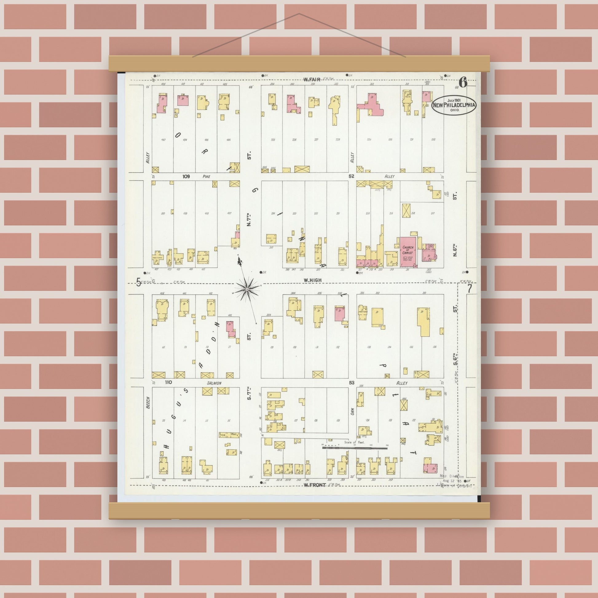 Old map wall art mockup — magnetic wood frame on brick wall — Sanborn Fire Insurance Map from New Philadelphia, Tuscarawas County, Ohio (1901), Sheet #0006