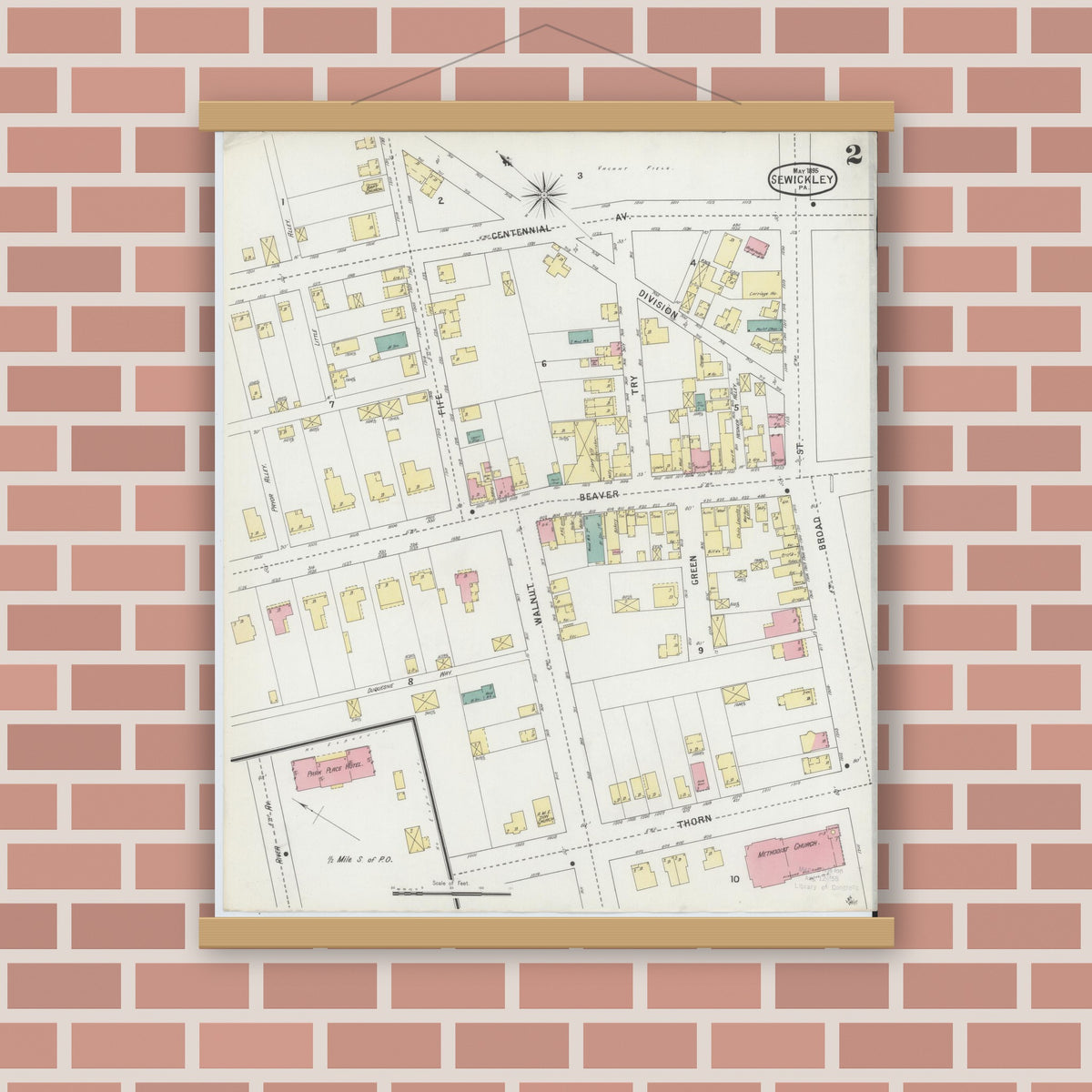 Old map wall art mockup — magnetic wood frame on brick wall — Sanborn Fire Insurance Map from Sewickley, Allegheny County, Pennsylvania (1895), Sheet #0002