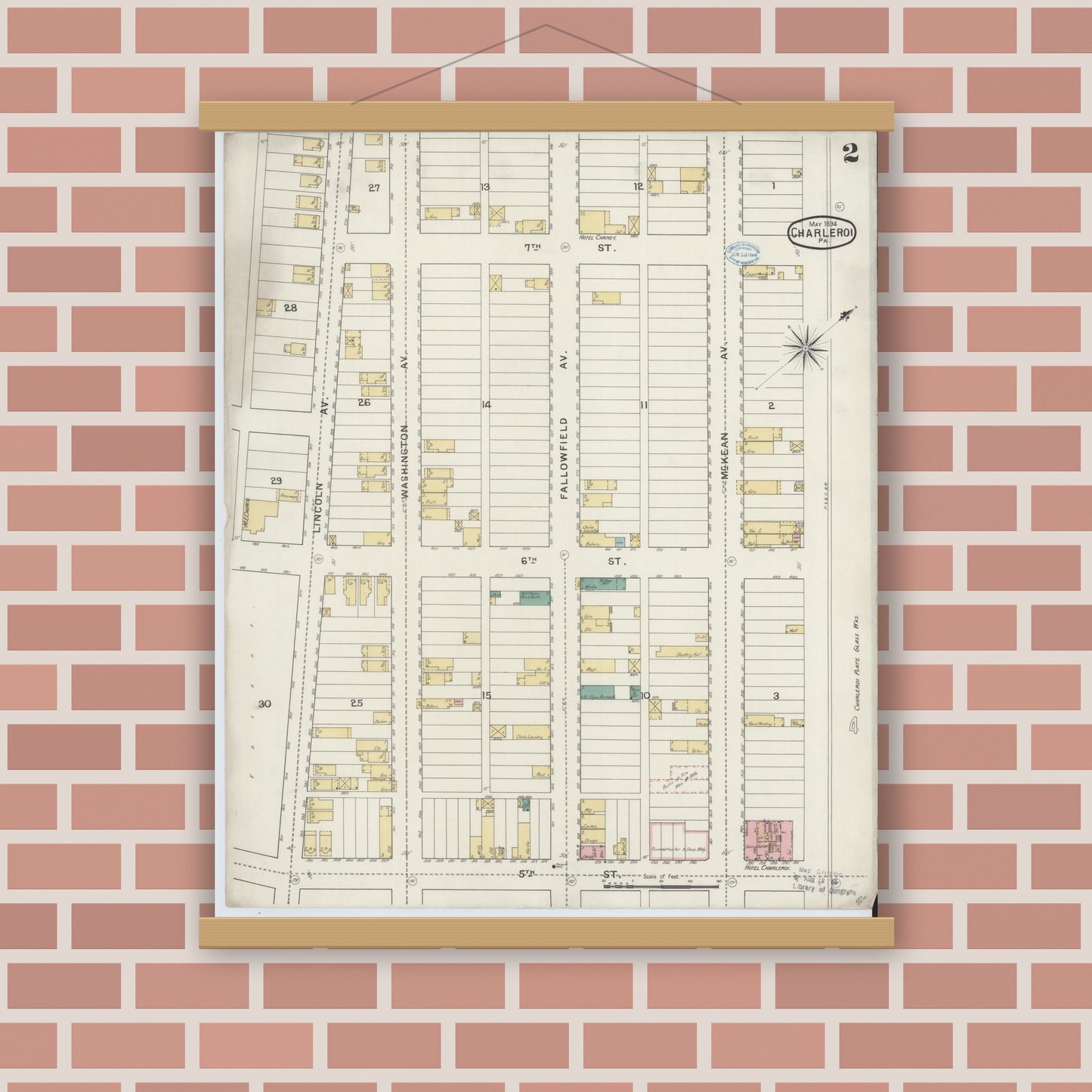 Old map wall art mockup — magnetic wood frame on brick wall — Sanborn Fire Insurance Map from Charleroi, Washington County, Pennsylvania (1894), Sheet #0002
