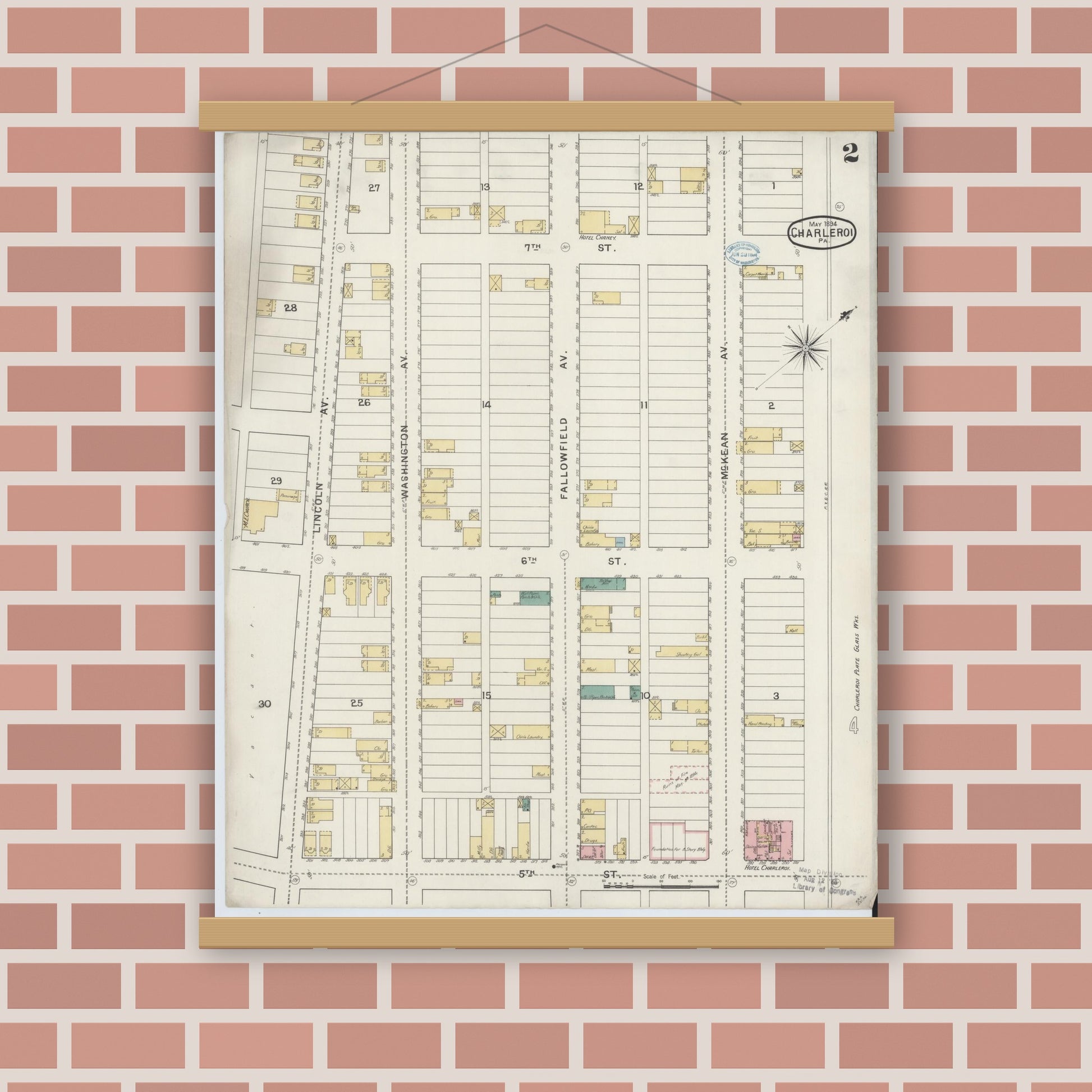 Old map wall art mockup — magnetic wood frame on brick wall — Sanborn Fire Insurance Map from Charleroi, Washington County, Pennsylvania (1894), Sheet #0002