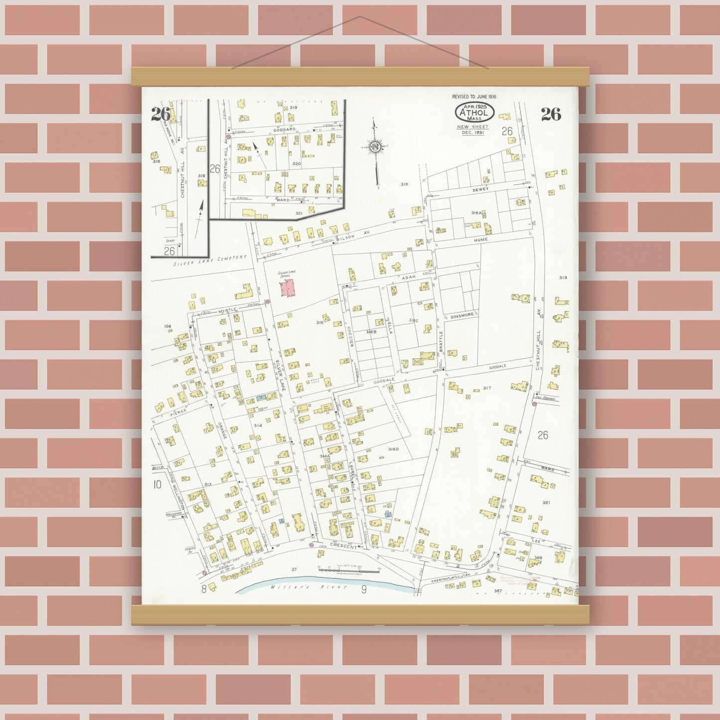 Old map wall art mockup — magnetic wood frame on brick wall — Sanborn Fire Insurance Map from Athol, Worcester County, Massachusetts (1936), Sheet #0026