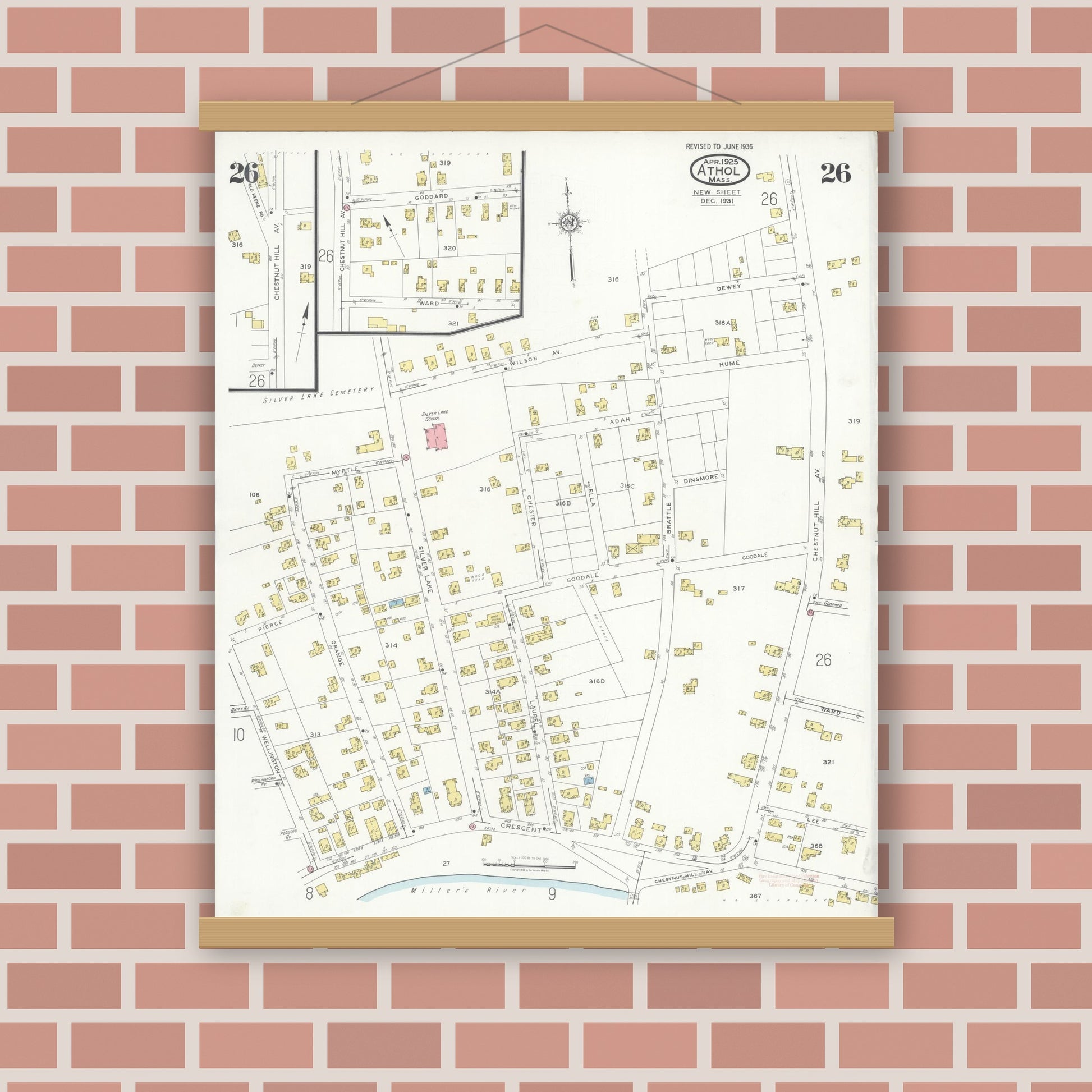 Old map wall art mockup — magnetic wood frame on brick wall — Sanborn Fire Insurance Map from Athol, Worcester County, Massachusetts (1936), Sheet #0026