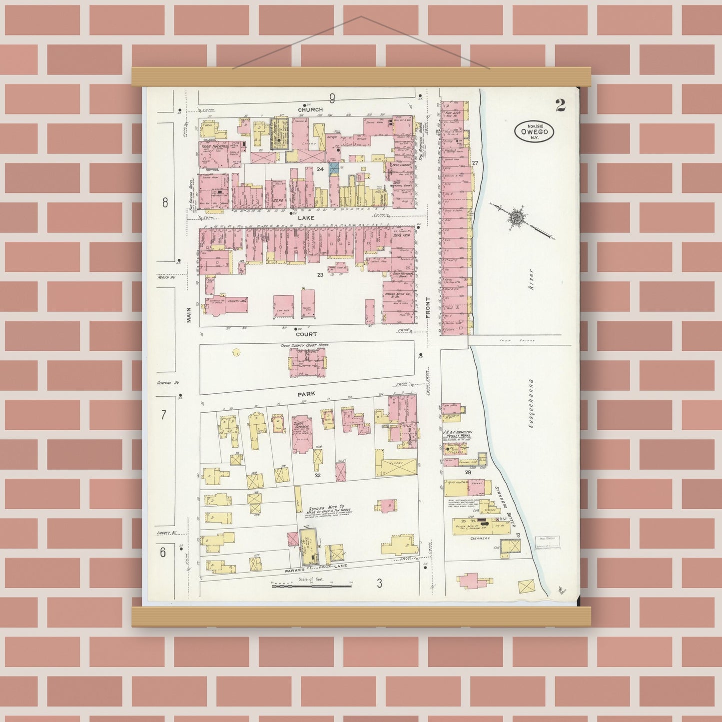 Old map wall art mockup — magnetic wood frame on brick wall — Sanborn Fire Insurance Map from Owego, Tioga County, New York (1910), Sheet #0002