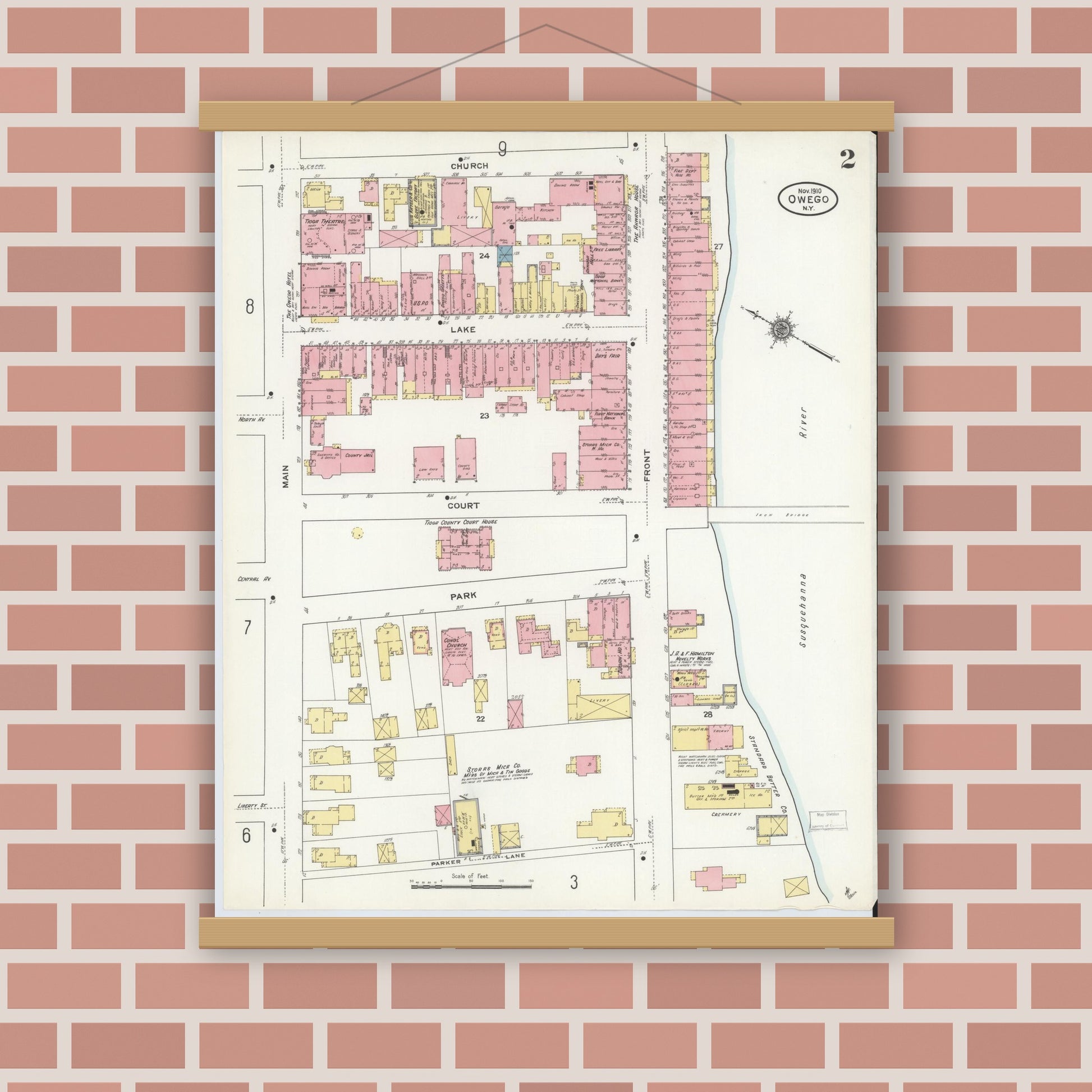 Old map wall art mockup — magnetic wood frame on brick wall — Sanborn Fire Insurance Map from Owego, Tioga County, New York (1910), Sheet #0002