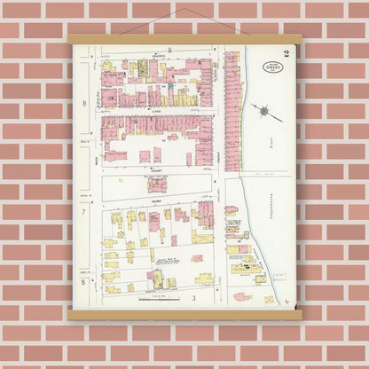 Old map wall art mockup — magnetic wood frame on brick wall — Sanborn Fire Insurance Map from Owego, Tioga County, New York (1910), Sheet #0002