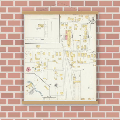 Old map wall art mockup — magnetic wood frame on brick wall — Sanborn Fire Insurance Map from Waltham, Middlesex County, Massachusetts (1903), Sheet #0002