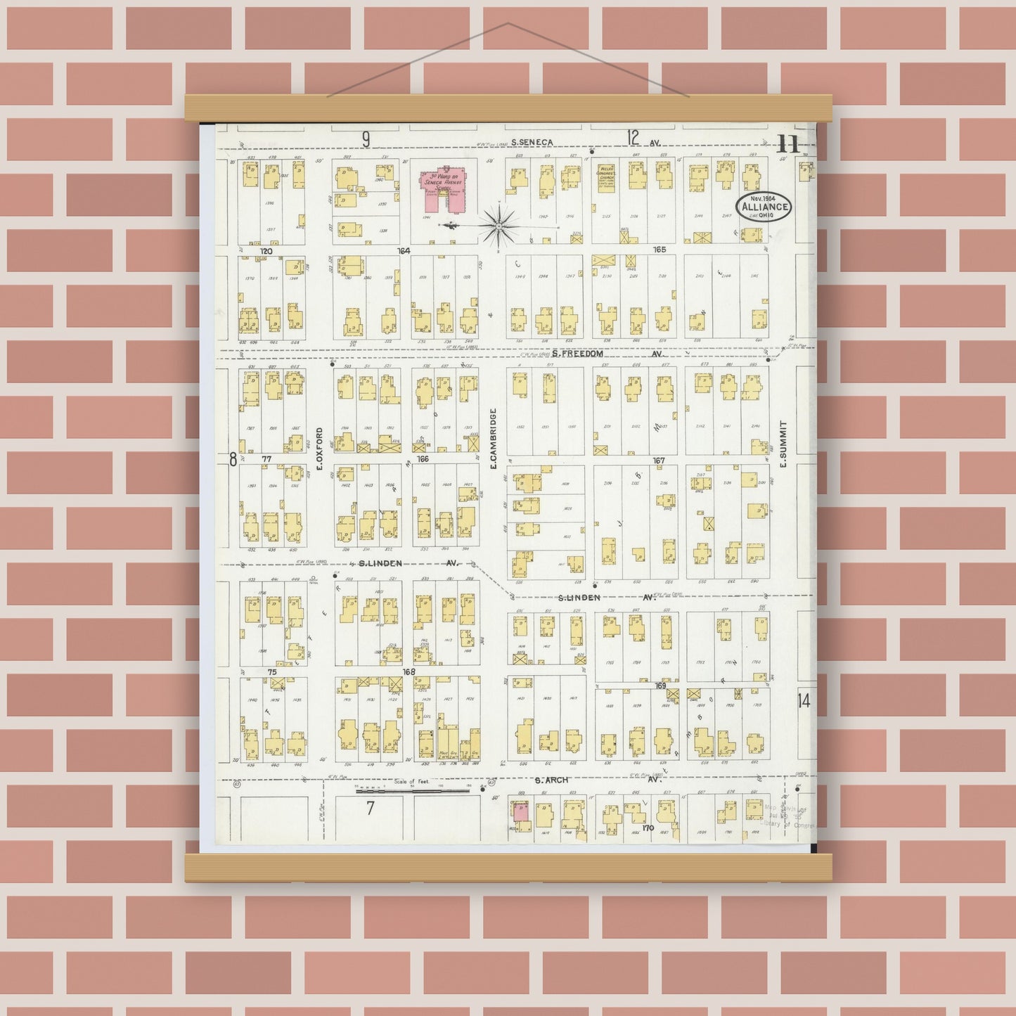 Old map wall art mockup — magnetic wood frame on brick wall — Sanborn Fire Insurance Map from Alliance, Stark County, Ohio (1904), Sheet #0011