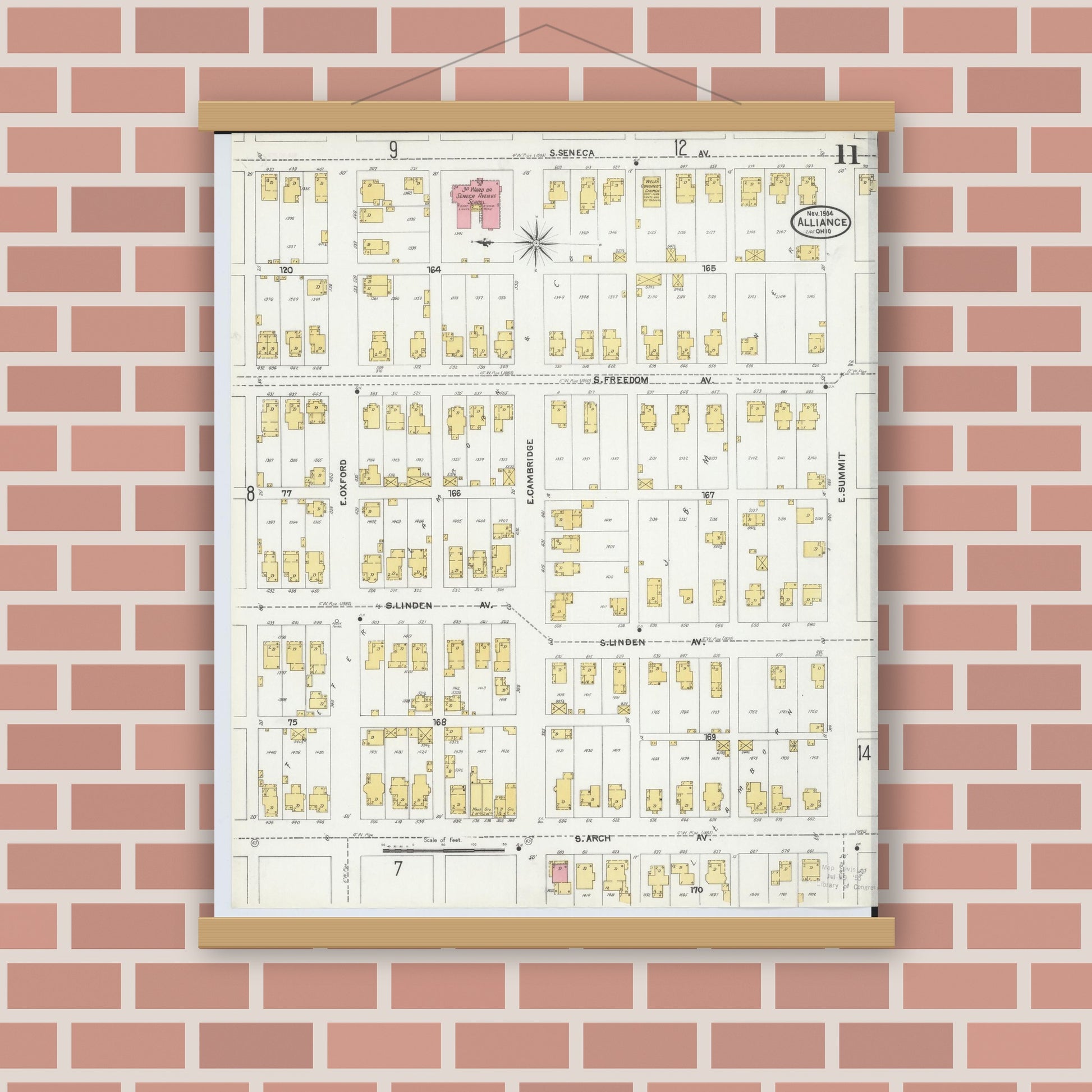 Old map wall art mockup — magnetic wood frame on brick wall — Sanborn Fire Insurance Map from Alliance, Stark County, Ohio (1904), Sheet #0011