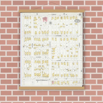 Old map wall art mockup — magnetic wood frame on brick wall — Sanborn Fire Insurance Map from Alliance, Stark County, Ohio (1904), Sheet #0011