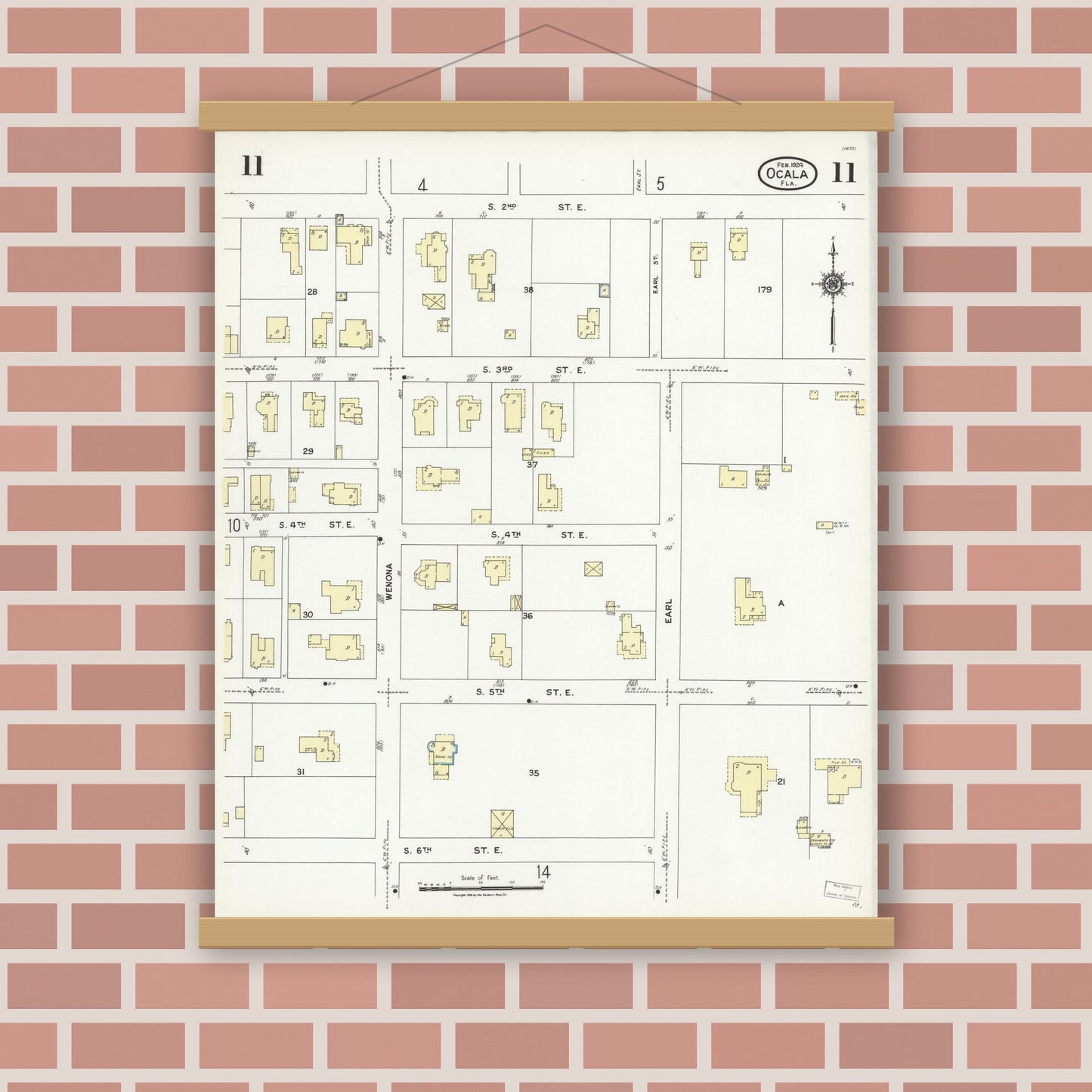 Old map wall art mockup — magnetic wood frame on brick wall — Sanborn Fire Insurance Map from Ocala, Marion County, Florida (1924), Sheet #0011