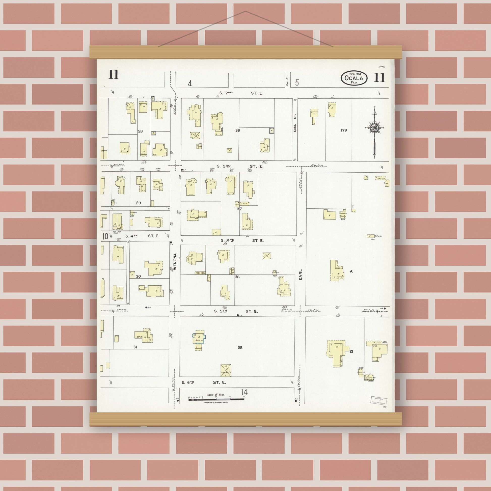 Old map wall art mockup — magnetic wood frame on brick wall — Sanborn Fire Insurance Map from Ocala, Marion County, Florida (1924), Sheet #0011