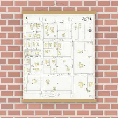 Old map wall art mockup — magnetic wood frame on brick wall — Sanborn Fire Insurance Map from Ocala, Marion County, Florida (1924), Sheet #0011