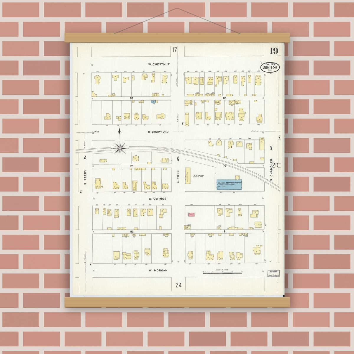 Old map wall art mockup — magnetic wood frame on brick wall — Sanborn Fire Insurance Map from Denison, Grayson County, Texas (1908), Sheet #0019