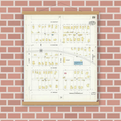 Old map wall art mockup — magnetic wood frame on brick wall — Sanborn Fire Insurance Map from Denison, Grayson County, Texas (1908), Sheet #0019