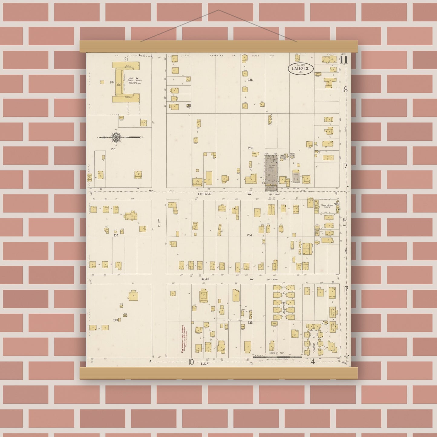 Old map wall art mockup — magnetic wood frame on brick wall — Sanborn Fire Insurance Map from Calexico, Imperial County, California (1920), Sheet #0011