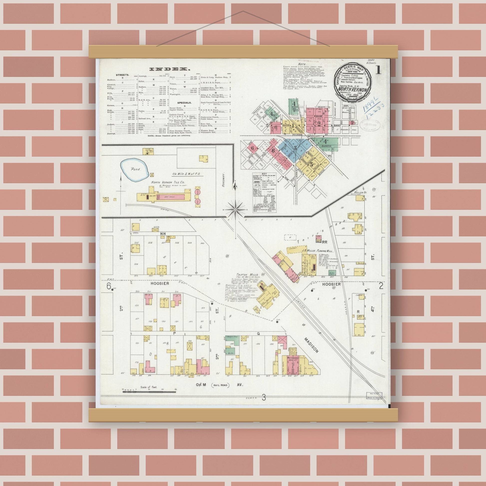 Old map wall art mockup — magnetic wood frame on brick wall — Sanborn Fire Insurance Map from North Vernon, Jennings County, Indiana (1899) - Complete Map Set