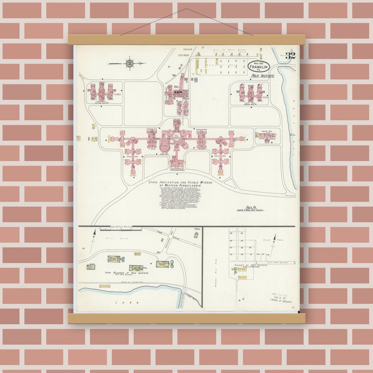 Old map wall art mockup — magnetic wood frame on brick wall — Sanborn Fire Insurance Map from Franklin, Venango County, Pennsylvania (1912), Sheet #0032