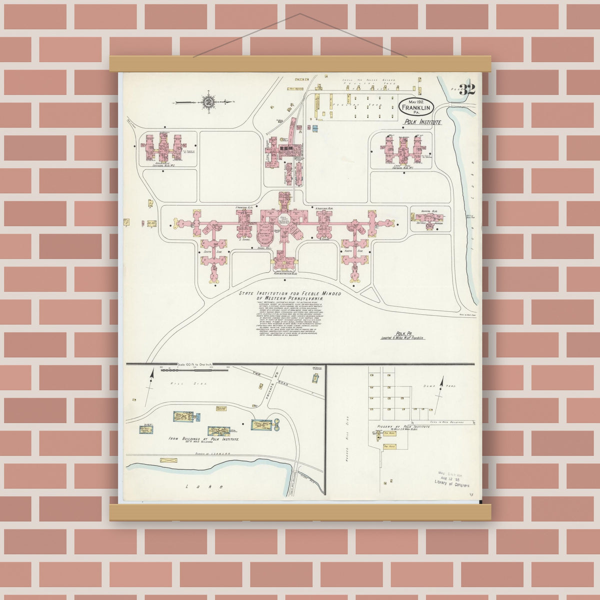 Old map wall art mockup — magnetic wood frame on brick wall — Sanborn Fire Insurance Map from Franklin, Venango County, Pennsylvania (1912), Sheet #0032