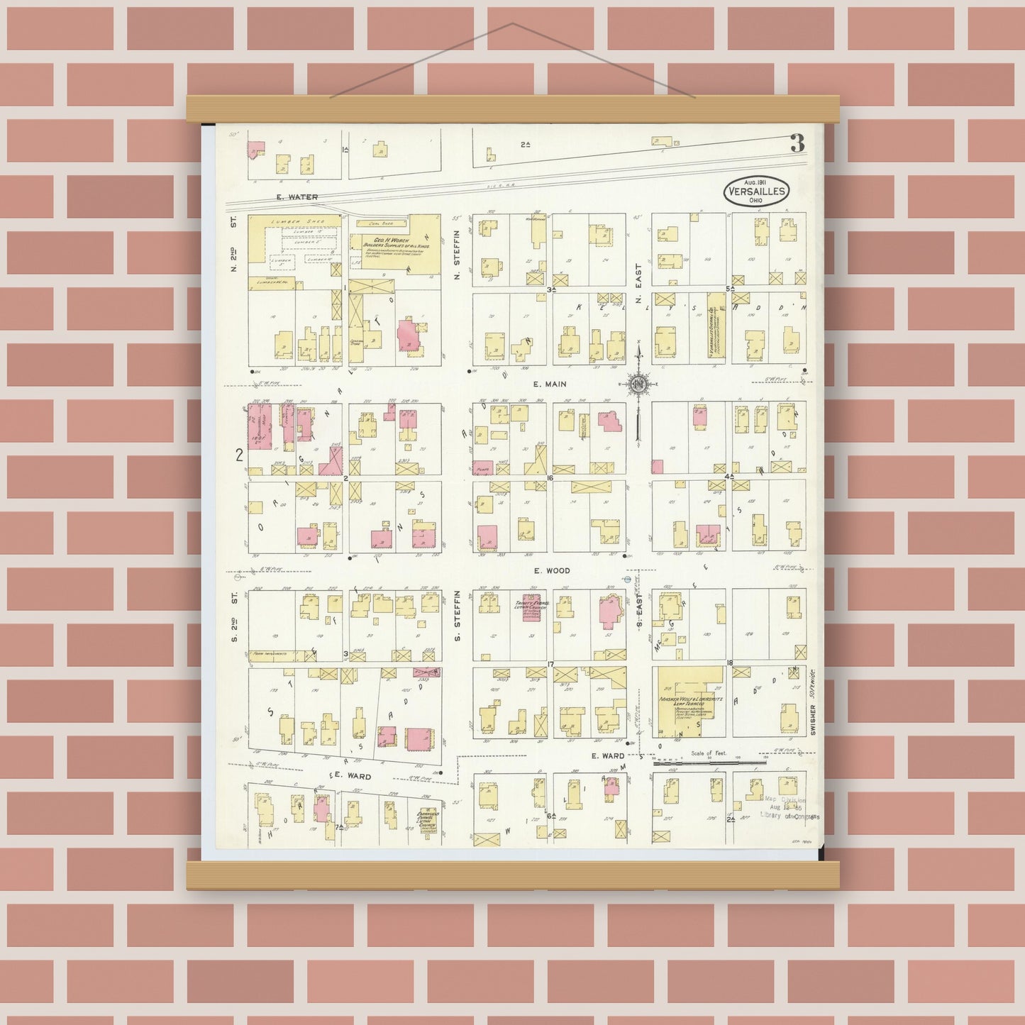 Old map wall art mockup — magnetic wood frame on brick wall — Sanborn Fire Insurance Map from Versailles, Darke County, Ohio (1911), Sheet #0003