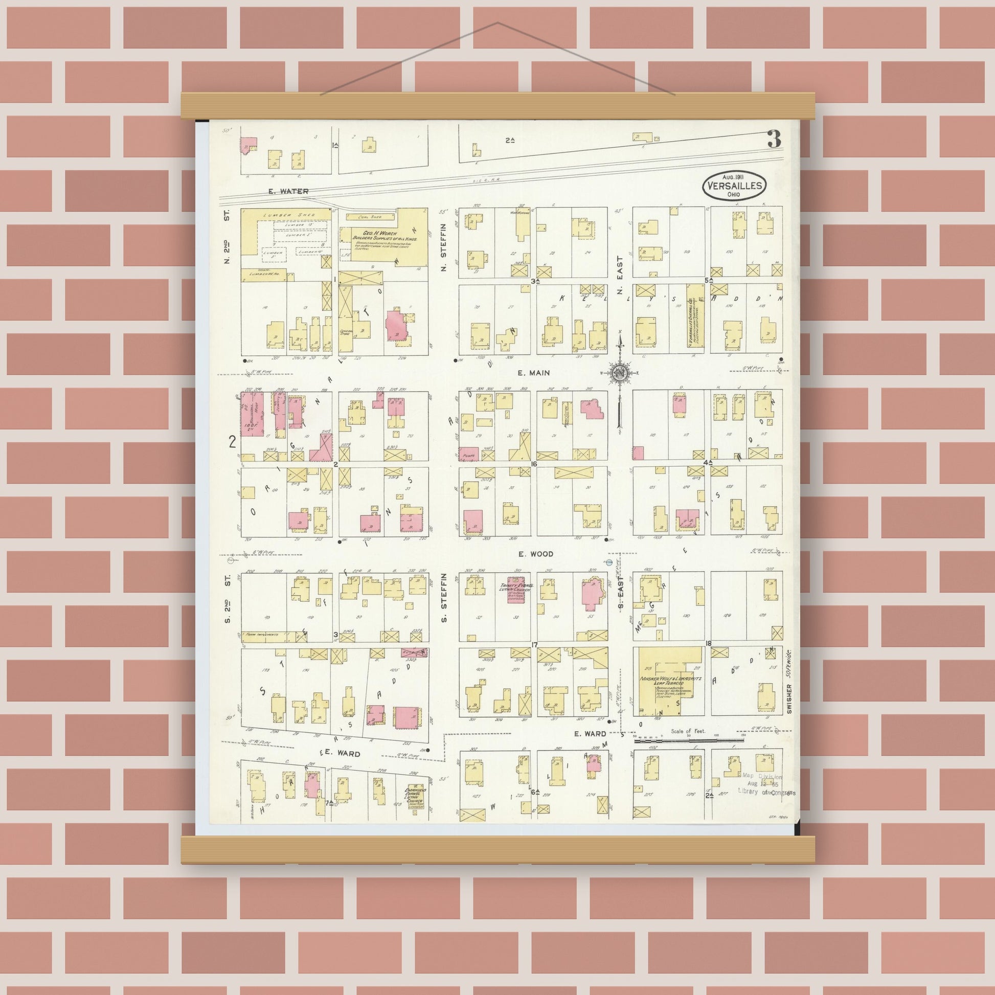 Old map wall art mockup — magnetic wood frame on brick wall — Sanborn Fire Insurance Map from Versailles, Darke County, Ohio (1911), Sheet #0003