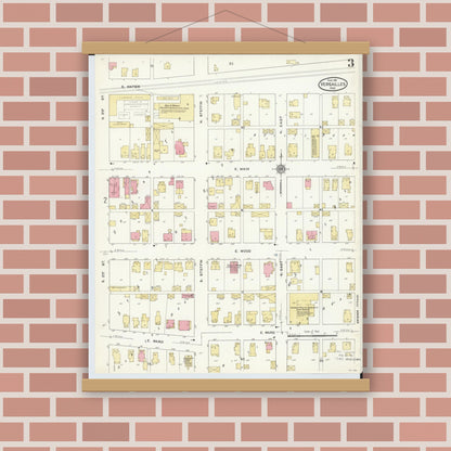Old map wall art mockup — magnetic wood frame on brick wall — Sanborn Fire Insurance Map from Versailles, Darke County, Ohio (1911), Sheet #0003
