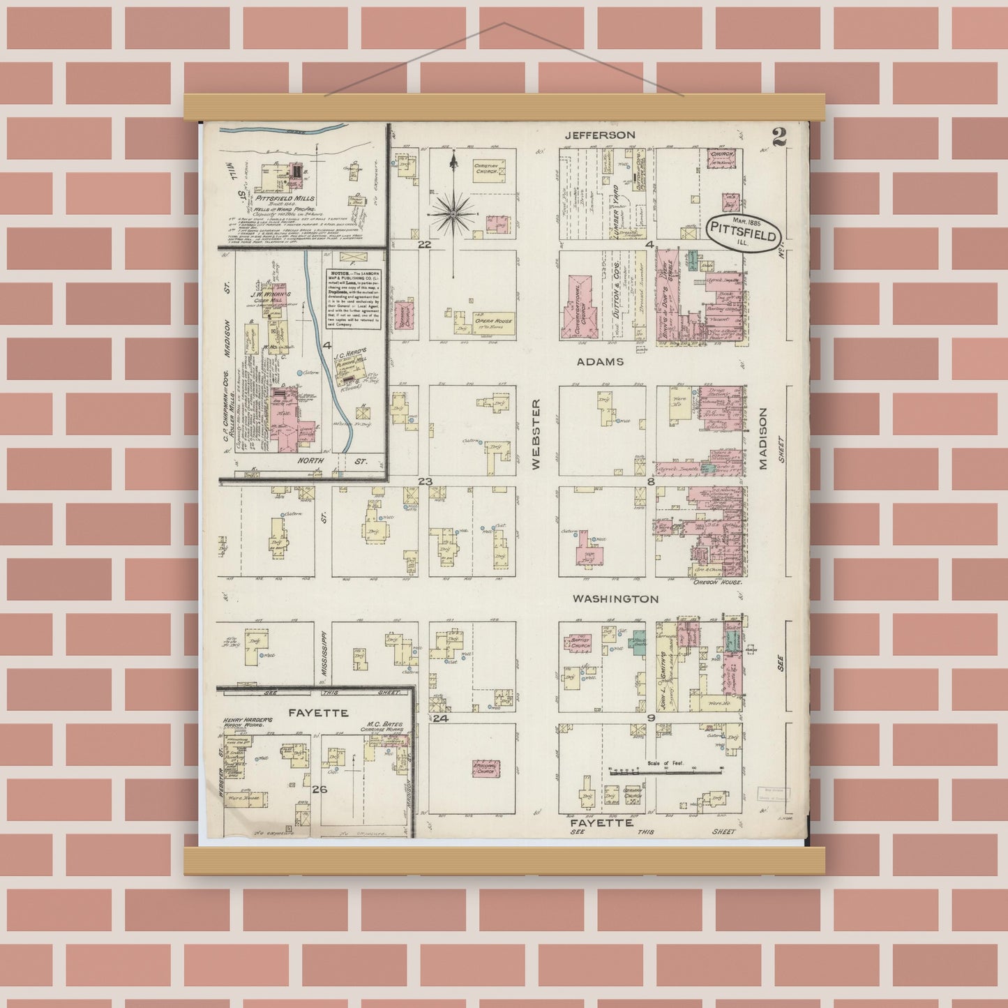 Old map wall art mockup — magnetic wood frame on brick wall — Sanborn Fire Insurance Map from Pittsfield, Pike County, Illinois (1885), Sheet #0002