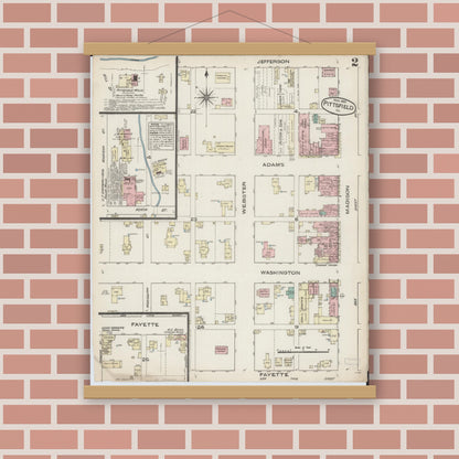 Old map wall art mockup — magnetic wood frame on brick wall — Sanborn Fire Insurance Map from Pittsfield, Pike County, Illinois (1885), Sheet #0002