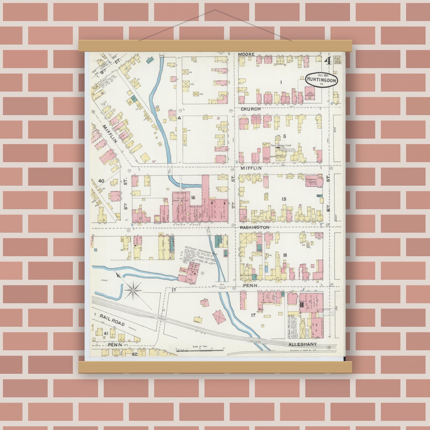 Old map wall art mockup — magnetic wood frame on brick wall — Sanborn Fire Insurance Map from Huntingdon, Huntingdon County, Pennsylvania (1891), Sheet #0004