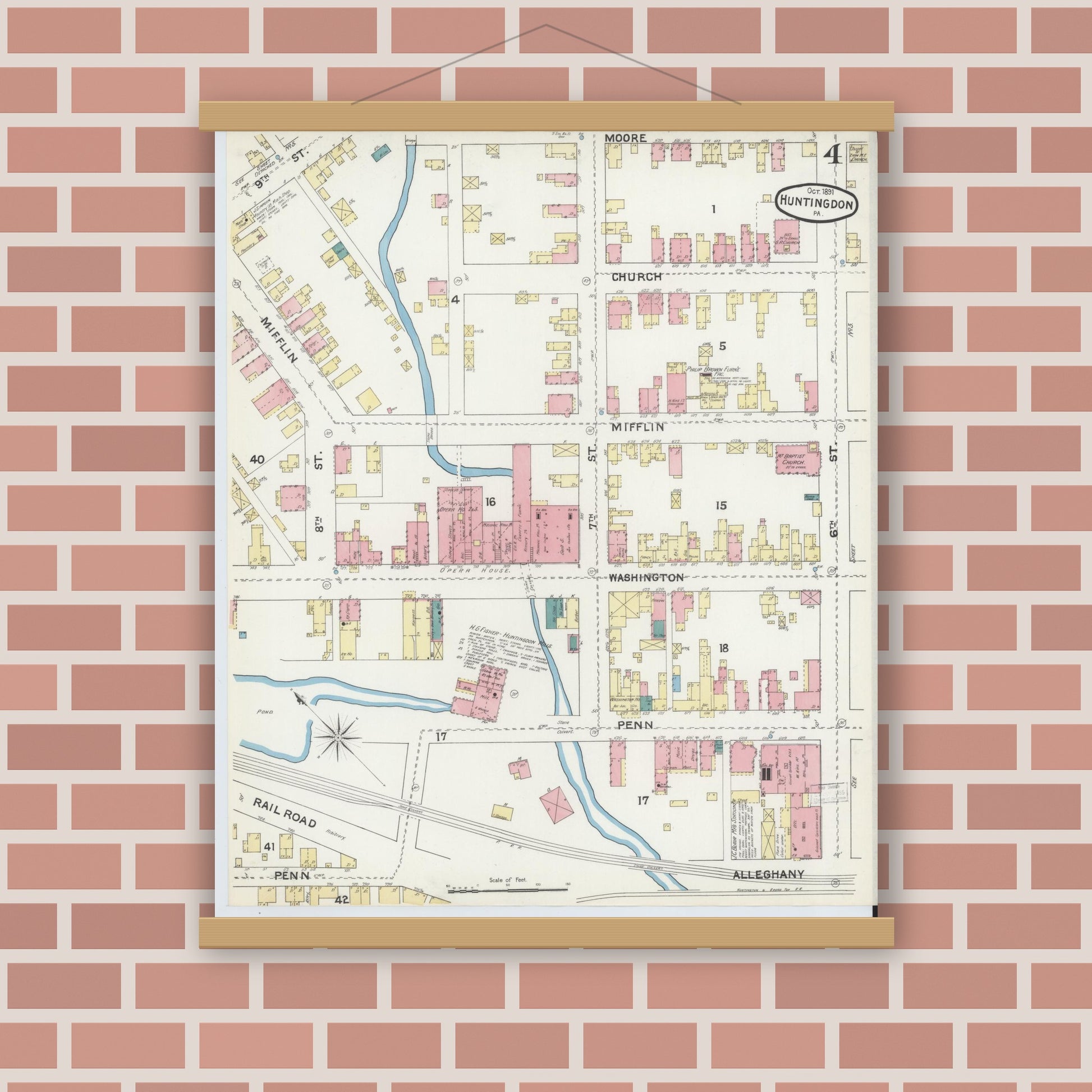 Old map wall art mockup — magnetic wood frame on brick wall — Sanborn Fire Insurance Map from Huntingdon, Huntingdon County, Pennsylvania (1891), Sheet #0004