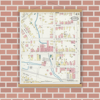 Old map wall art mockup — magnetic wood frame on brick wall — Sanborn Fire Insurance Map from Huntingdon, Huntingdon County, Pennsylvania (1891), Sheet #0004