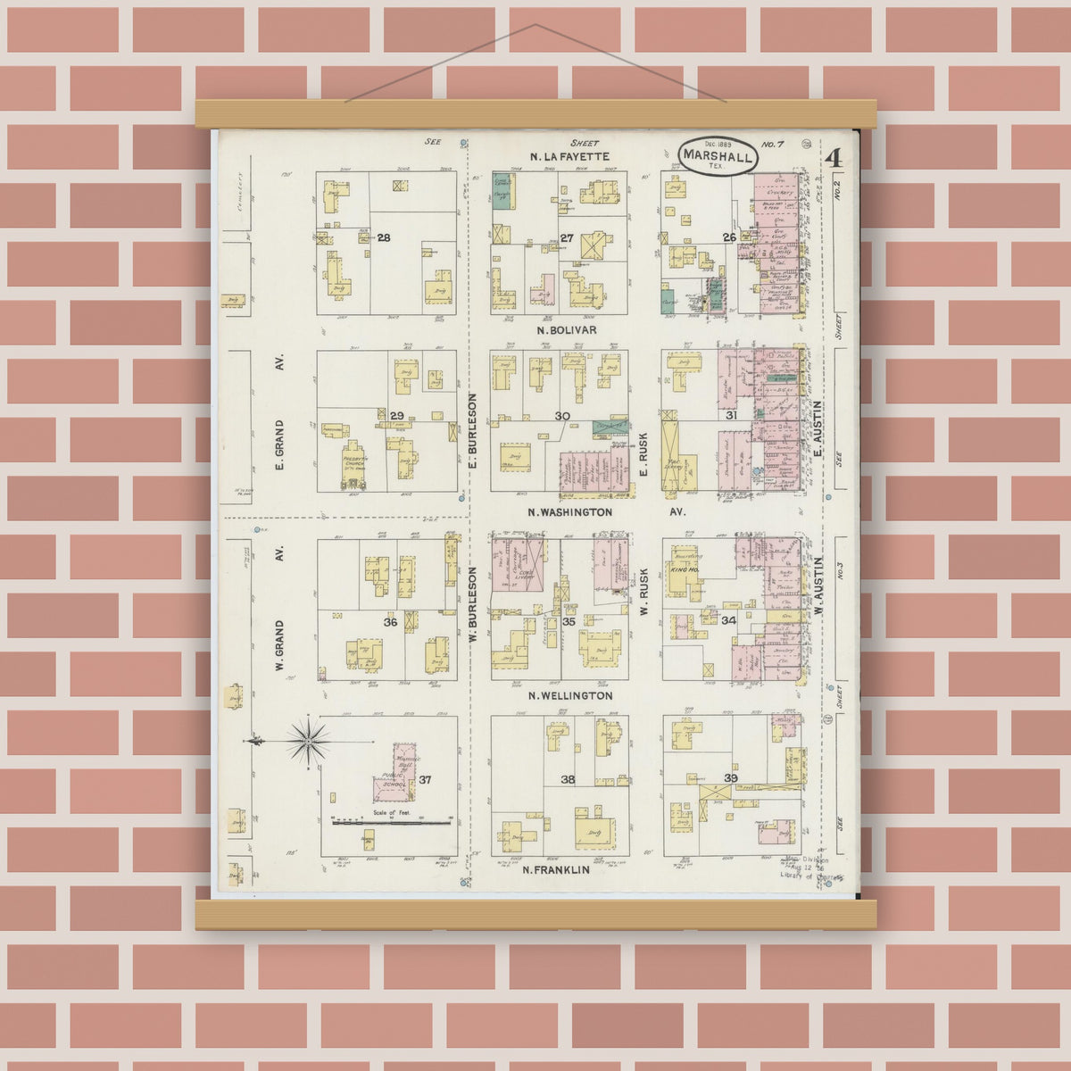 Old map wall art mockup — magnetic wood frame on brick wall — Sanborn Fire Insurance Map from Marshall, Harrison County, Texas (1889), Sheet #0004