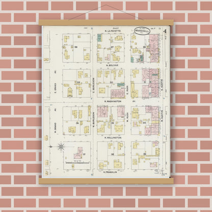 Old map wall art mockup — magnetic wood frame on brick wall — Sanborn Fire Insurance Map from Marshall, Harrison County, Texas (1889), Sheet #0004