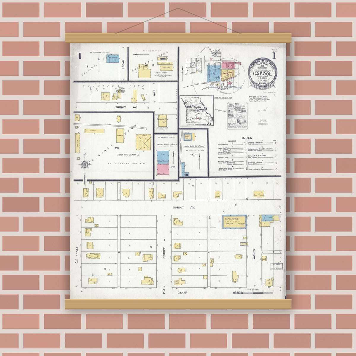 Old map wall art mockup — magnetic wood frame on brick wall — Sanborn Fire Insurance Map from Cabool, Texas County, Missouri (1925) - Complete Map Set