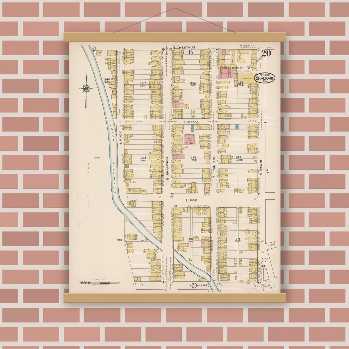 Old map wall art mockup — magnetic wood frame on brick wall — Sanborn Fire Insurance Map from Shamokin, Northumberland County, Pennsylvania (1922), Sheet #0020