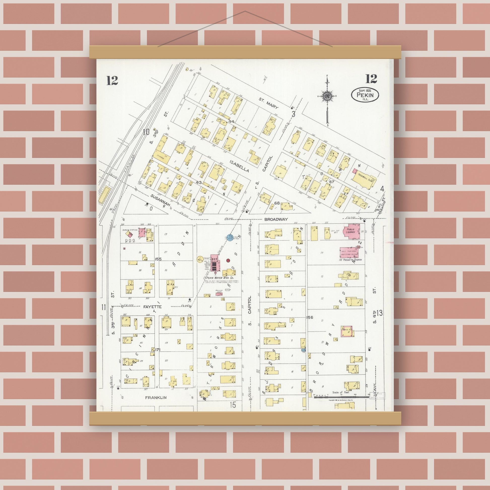 Old map wall art mockup — magnetic wood frame on brick wall — Sanborn Fire Insurance Map from Pekin, Tazewell County, Illinois (1925), Sheet #0012