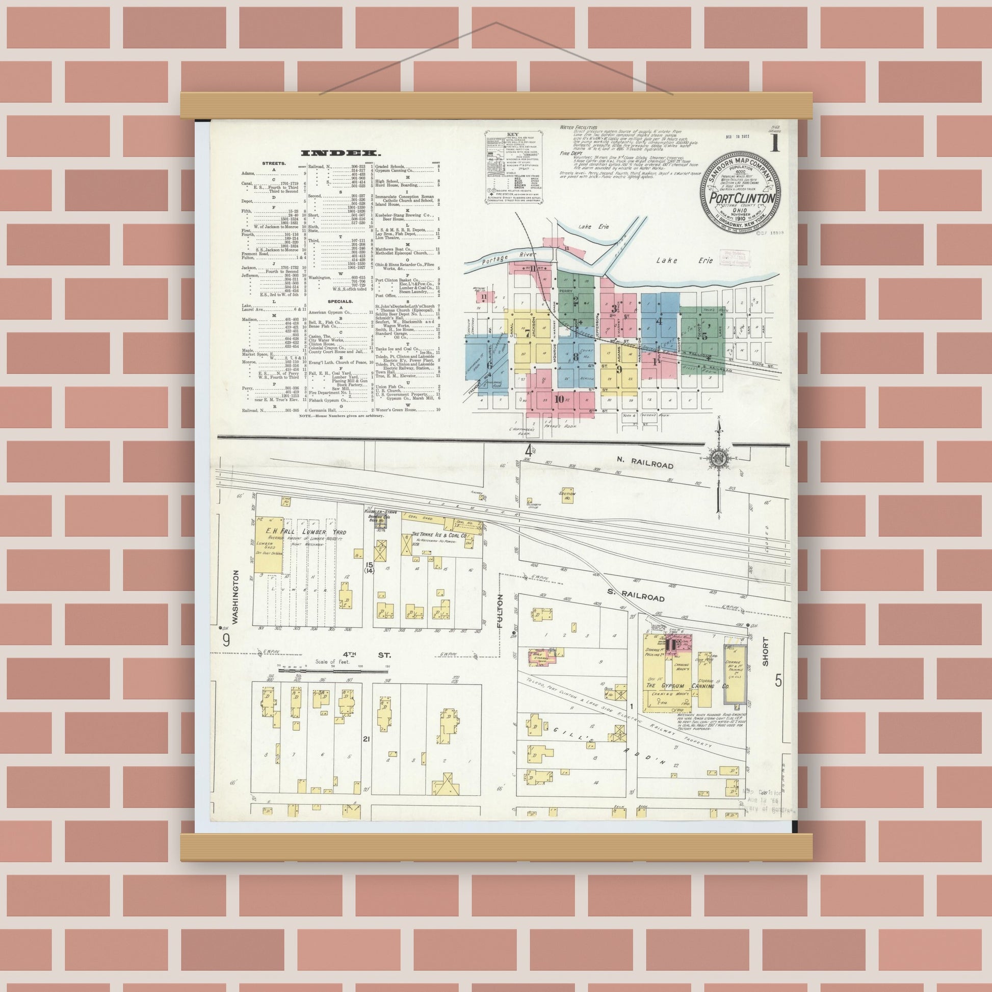 Old map wall art mockup — magnetic wood frame on brick wall — Sanborn Fire Insurance Map from Port Clinton, Ottawa County, Ohio (1910), Sheet #0001