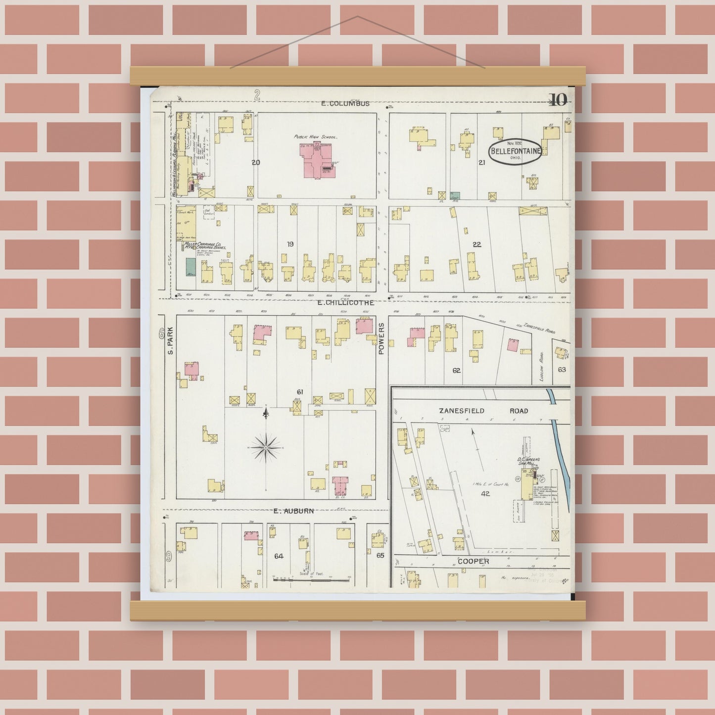 Old map wall art mockup — magnetic wood frame on brick wall — Sanborn Fire Insurance Map from Bellefontaine, Logan County, Ohio (1892), Sheet #0010