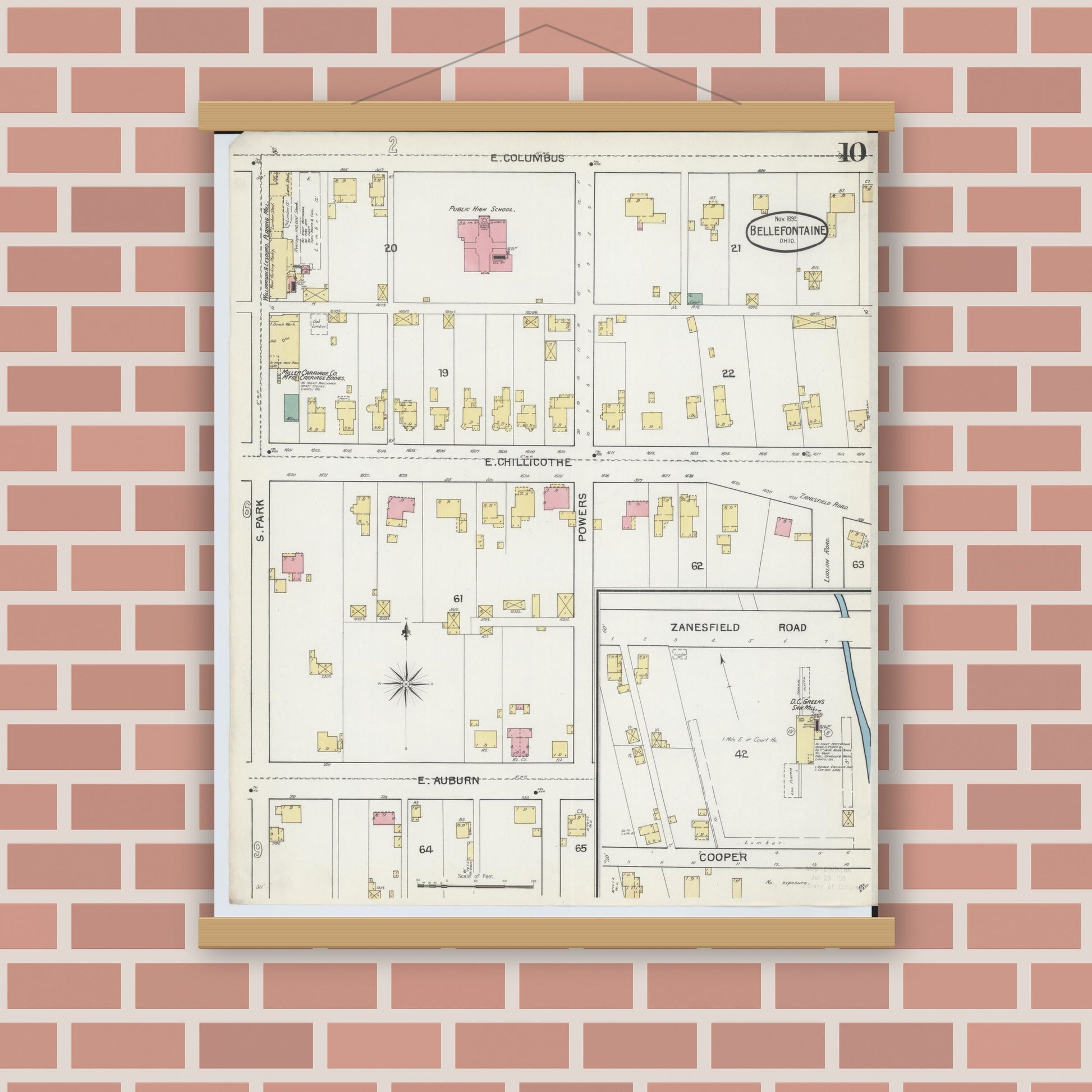 Old map wall art mockup — magnetic wood frame on brick wall — Sanborn Fire Insurance Map from Bellefontaine, Logan County, Ohio (1892), Sheet #0010