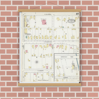 Old map wall art mockup — magnetic wood frame on brick wall — Sanborn Fire Insurance Map from Bellefontaine, Logan County, Ohio (1892), Sheet #0010